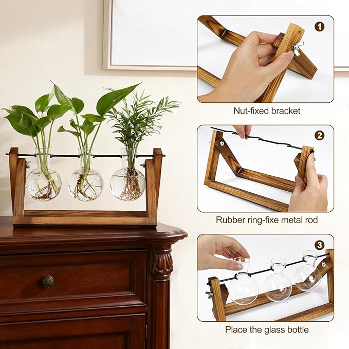 Plant Propagation Station, Plant Terrarium with Wooden Stand, Unique Gardening Birthday Gifts for Women Plants Lovers, Home Office Garden Decor Planter - 3 Bulb Glass Vases