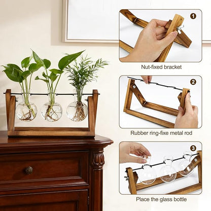 Plant Propagation Station, Plant Terrarium with Wooden Stand, Unique Gardening Birthday Gifts for Women Plants Lovers, Home Office Garden Decor Planter - 3 Bulb Glass Vases