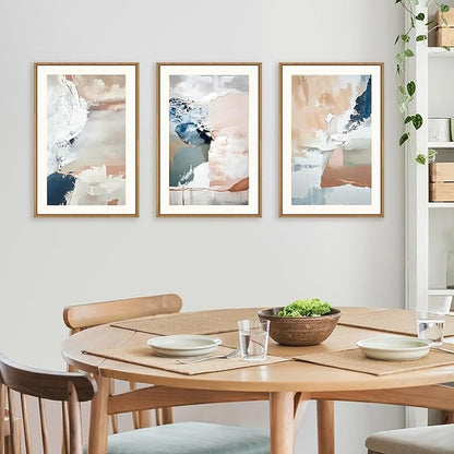 Large Abstract Brush Strokes Framed Canvas Wall Art,Neutral Navy Blue Wall Decor,Modern Pastel Wall Painting,Grey White Toned Artwork for Living Room,Bedroom,Dining Room,Office -24"x36"x3