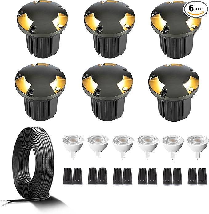 Gardenreet Brass In Ground Landscape Light Kit(6 Pack) with MR16 Bulb & 100Feet Wire & Connectors, 12V LED Well Lights IP65 Waterproof Landscape Lighting for Outdoor Sideway Garden Path(3 Way Turret)