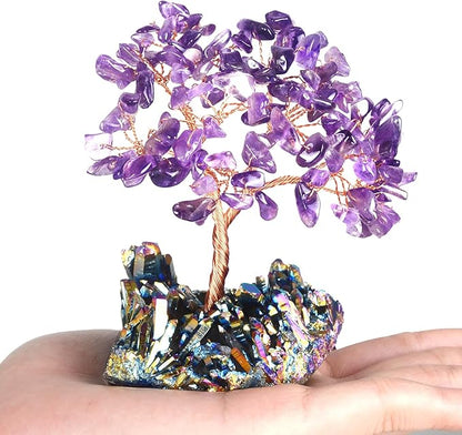 Natural Amethyst Crystal Tree of Life with Quartz Cluster Rainbow Titanium Crystal Base,Chakra Energy Healing Feng Shui Bonsai Money Tree Spritual Gift for Wealth and Luck