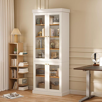 Vyre 70.8" Tall Farmhouse Bookshelf with Glass Doors, Modular Bookcase with 6-Tier Adjustable Shelves, Large Storage Cabinet for Kitchen, Living Room, White, Set of 2