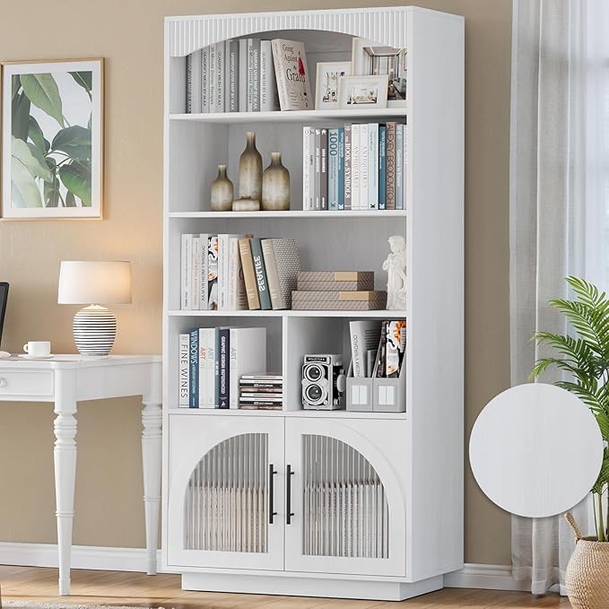 70" Tall Bookshelf with Door, White Bookshelf, 5 Tier Bookcase with Cabinet & Adjustable Shelves, 15.5" Deep Storage Shelf, Mid-Century Wood Standing Bookshelves and Bookcase for Home Office Kitchen