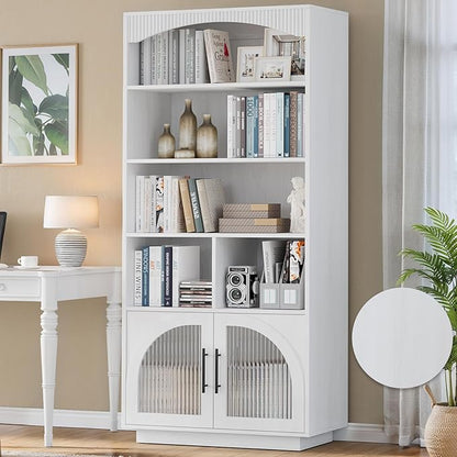 70" Tall Bookshelf with Door, White Bookshelf, 5 Tier Bookcase with Cabinet & Adjustable Shelves, 15.5" Deep Storage Shelf, Mid-Century Wood Standing Bookshelves and Bookcase for Home Office Kitchen