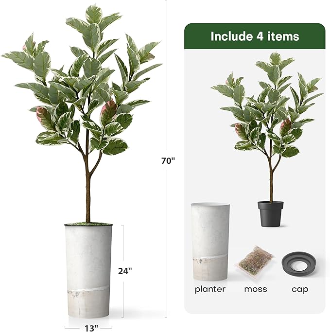 Artificial Tree in Gray Tan Watercolor Abstract Planter, Fake Rubber Silk Tree for Indoor and Outdoor Home Decoration - 70" Overall Tall (Plant Pot Plus Tree)