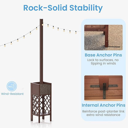 2PCS Outdoor String Light Poles with Planter Box,8.6FT H Posts for Patio String Lights,Decorative Lattice Wood Planter Stand with Bottom Storage Shelf,for Patio Porch Balcony Garden Accent