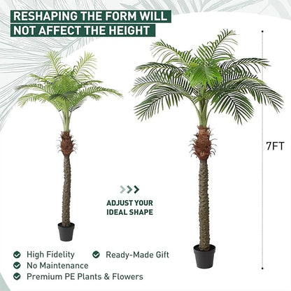 7 FT Fake Palm Tree,Tall Artificial Palm Trees for Outdoor Indoor Decor,Faux Phoenix Palm Plants for Outside Patio Pool Coastal Home Office Living Room