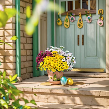 Artificial Fake Mums Flowers Plants for Outdoors ,12 Bundles Faux mums Mix Silk Glory UV Sun Resistant, Realistic Flowers for Planter Porch Patio Yard Balcony Home Decor (yellow/white/pink/red)