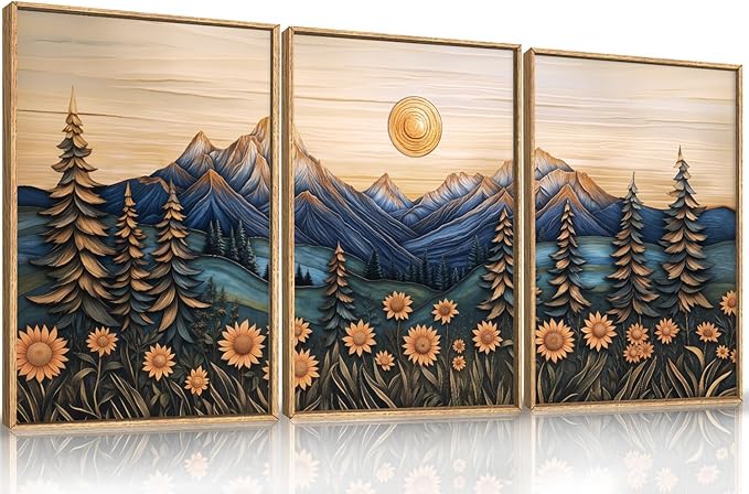 Aryroi Vintage Woodcut Style Mountain Framed Canvas Wall Art Set, Natural Forest Pine Tree Sunflower Wall Decor,Abstract Sunrise Botanical Landscape Artwork for Living Room,Bedroom,Office- 16"x24"x3