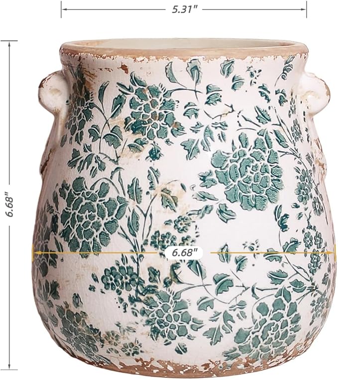 Tuscan Ceramic Planters, 6.68 Inch Vintage Plant Pots with Drainage for Indoor/Outdoor, Country Cottage Vase & Flower Pots for Home and Garden Decor, Gifts for Plant Lovers, Cyan
