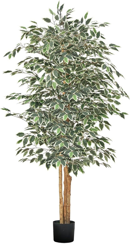VEVOR 6FT Artificial Ficus Tree with Black Pot, Tall Faux Ficus Plant with Natural Wood Trunk and Realistic Green Leaves, Indoor Fake Silk Tree for Home, Office, Living Room, or Corner Décor