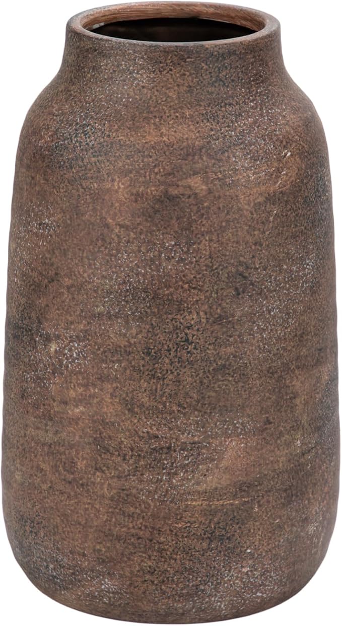 Briful Tall Rustic Ceramic Vase 9.6” – Vintage Distressed Pottery Flower Vase with Antique White-Wash Finish – Farmhouse Table Decor & Shelf Accent (Not Waterproof), Brown