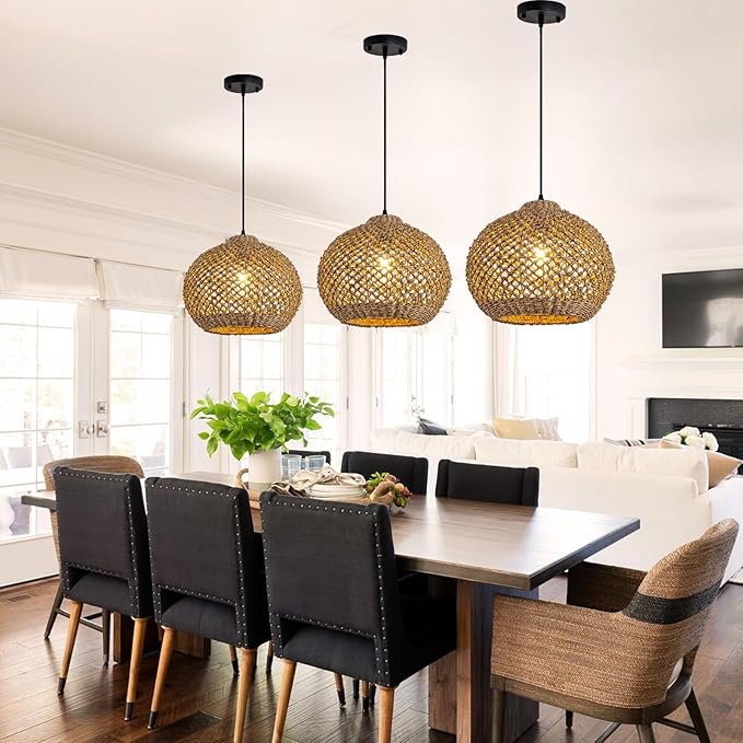 Farmhouse Rattan Pendant Lights, 13.8" Wicker Hand-Woven Rustic Chandelier, Round Hanging Light Fixture for Kitchen Island Bedroom Hallway Entry Living Room Dining Coffee Bar