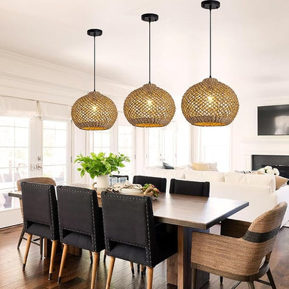 Farmhouse Rattan Pendant Lights, 13.8" Wicker Hand-Woven Rustic Chandelier, Round Hanging Light Fixture for Kitchen Island Bedroom Hallway Entry Living Room Dining Coffee Bar