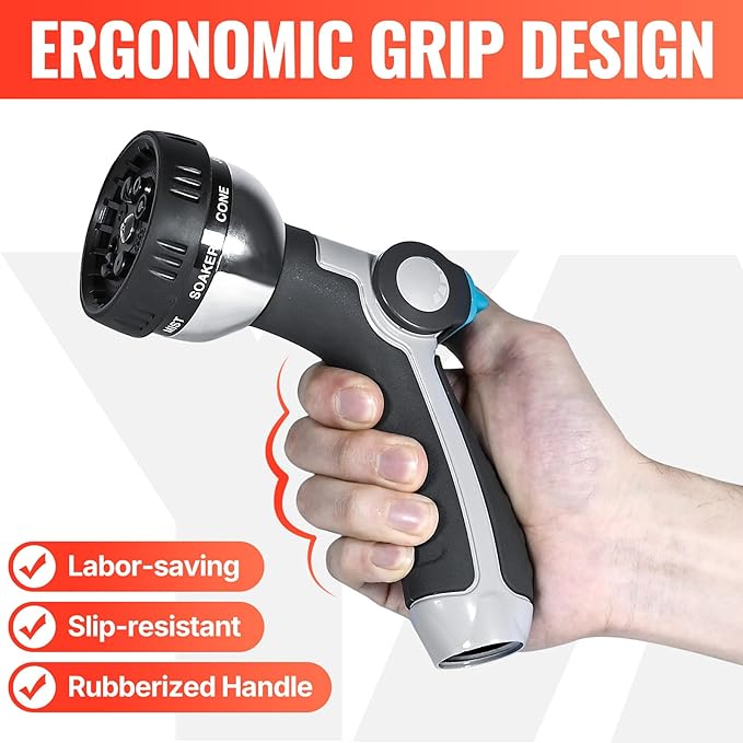 YAMATIC Garden Hose Nozzle, 8 Adjustable Spray Patterns,Heavy Duty Water Hose Nozzle with Thumb Control ON OFF VALVE,Ergonomic Grip for Watering Plants Lawn Washing Cars Cleaning Showering Pets,1 PCS