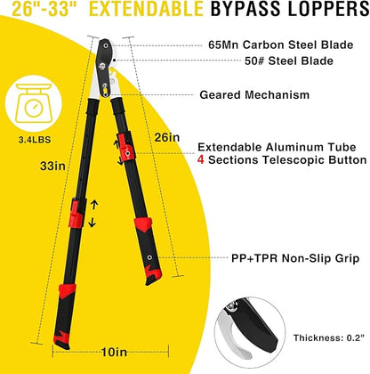 Yesker 26-33 Inch Extendable Bypass Loppers for Tree Trimming Heavy Duty Powerful Gear Tree Trimmer w Non-slip Handle Sharp Steel Blade up to 1.8" Cut Capacity Branch Cutter Chops Thick Branches Ease