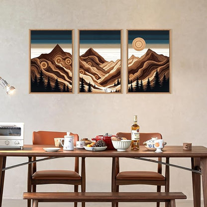 Large Abstract Mountain Woodcut Framed Canvas Wall Art,Modern Tree Ring Wall Decor,Sunrise Ridge Scenery Painting,Retro Desert Artwork for Living Room,Bedroom,Dining Room,Office -24"x36"x3