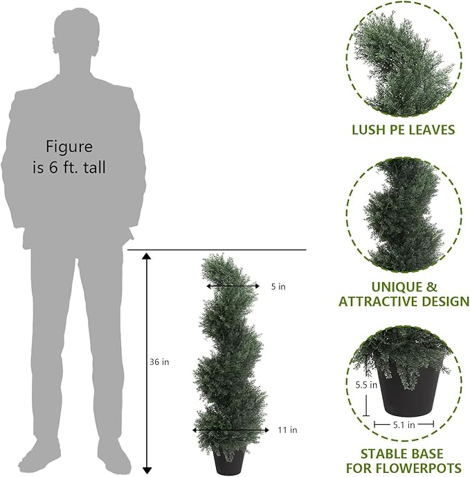 THE BLOOM TIMES 3ft Spiral Artificial Topiary Trees Set of 2, 36 inch Faux Cedar Trees for Outdoor Planters - Fake Twist Cypress Plants for Garden Front Porch Indoor Outside Christmas Decor 3 Foot