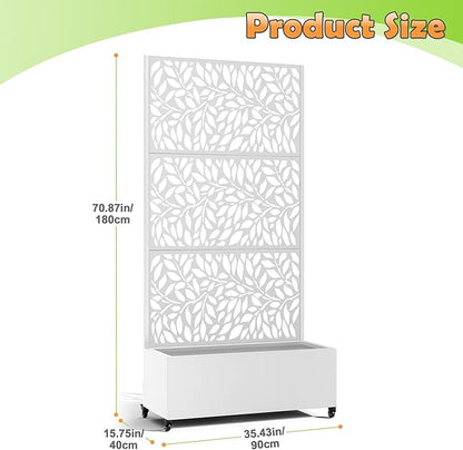 Metal Raised Garden Bed with Trellis, 2 in 1 Trellis with Planter Box & Privacy Screen for Climbing Plants, Vine, Outdoor Standing Flower Beds with Drainage Holes, 35.4"L x 15.7"W x 70.10"H,(White)