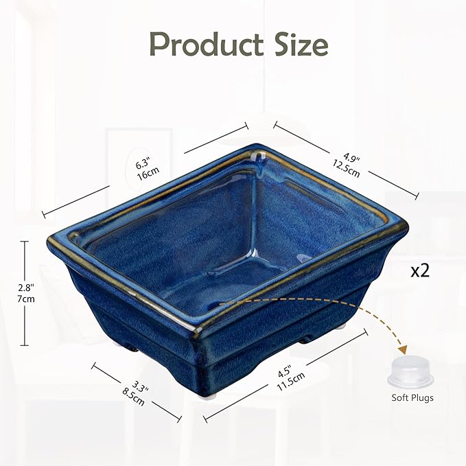 Bonsai Pots Shallow Succulent Planters for Live Bonsai Trees Set of 2, 6.3" Ceramic Pot for Succulents Indoor with Drainage Hole, Outdoor Cactus Plant Bonsai Pot, Ceramic Flower Pot