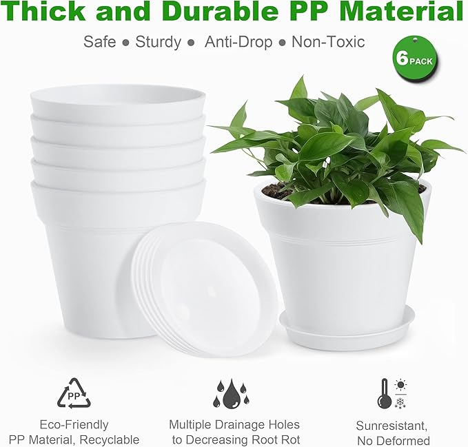 6 Pack Plastic Plant Pots with Drainage Holes and Tray, 7 inch Thickened Indoor Planters Seedlings Nursery Pots for Flowers, African Violet, Succulent and All House Plants, White