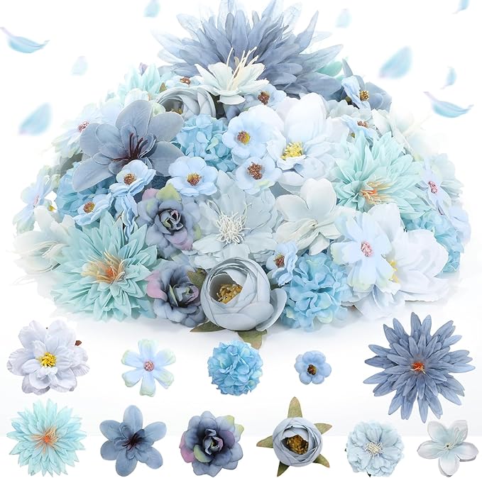 80 Pcs Assorted Fake Flower Heads Mini Artificial Flower Heads Bulk Silk Faux Daisy for Crafts Fake Peony Rose for Wedding Party Wreath Home Decoration(Blue)