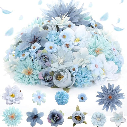 80 Pcs Assorted Fake Flower Heads Mini Artificial Flower Heads Bulk Silk Faux Daisy for Crafts Fake Peony Rose for Wedding Party Wreath Home Decoration(Blue)