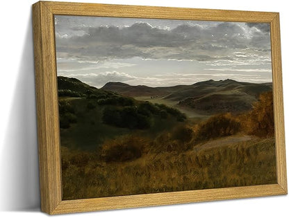 Framed Vintage Mountain Landscape Wall Art, Rustic Countryside Hills Canvas Print, Retro Farmhouse Nature Oil Painting Picture for Living Room Bedroom Home Wall Decor 12x16 Inch
