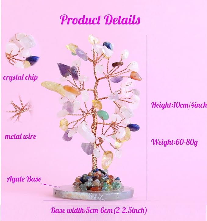 Muticolor Healing Crystal Tree of Life Natural Gemstone Agate Slice Base Copper Wire Wrapped Money Trees Feng Shui Reiki Spiritual Energy Decorations Home Office Room Desk Decor Gifts for Women Men