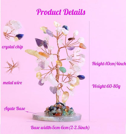 Muticolor Healing Crystal Tree of Life Natural Gemstone Agate Slice Base Copper Wire Wrapped Money Trees Feng Shui Reiki Spiritual Energy Decorations Home Office Room Desk Decor Gifts for Women Men