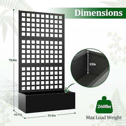Metal Raised Garden Bed with Trellis, 2 in 1 Trellis with Planter Box & Privacy Screen for Climbing Plants, Vine, Outdoor Standing Flower Beds with Drainage Holes, 35.4" L x 16.7" W x 70.8" H, Black