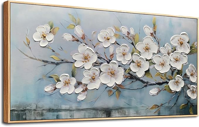 Anolyfi Framed Large Cherry Blossom Textured Flowers Wall Art for Living Room Canvas Painting, Modern Elegant Landscape Artwork for Bedroom Hallway Kitchen Office Home Decor, Wood Framed 40"x20"