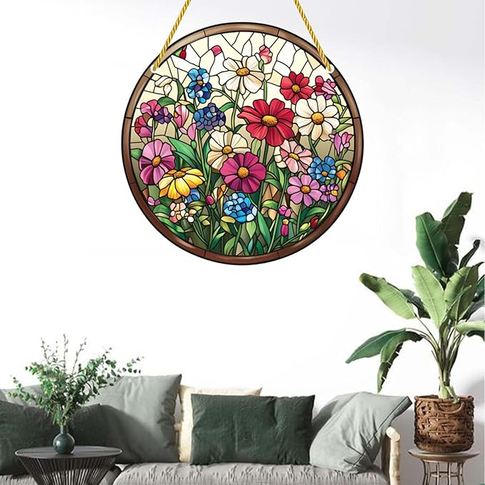 Acrylic Stained Window Hanging Flowers Acrylic Decoration for Indoor Outdoor Home Bar Office Garden Plastic Ornament Decor 12x12 Inch