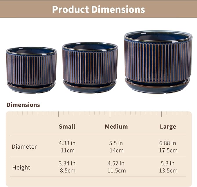 Navy Blue Ceramic Plant Pots Set of 3, 4.3+5.5+6.7 Inch Indoor Flower Pots with Drainage Hole & Saucer & Hole Mesh Pads, Striped Decorative Planter Set for Indoor Plants, Gardening Pots & Accessories
