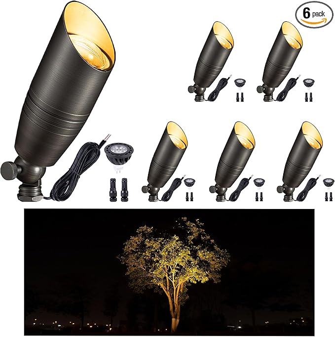 Gardenreet Low Voltage Spot Lights - Solid Brass Landscape Spotlight Wired, 12V Outdoor LED Bullet Uplights, Waterproof Electric Bronze for Patio Wall with 2700K Warm White MR16 Bulb (6 Pack)