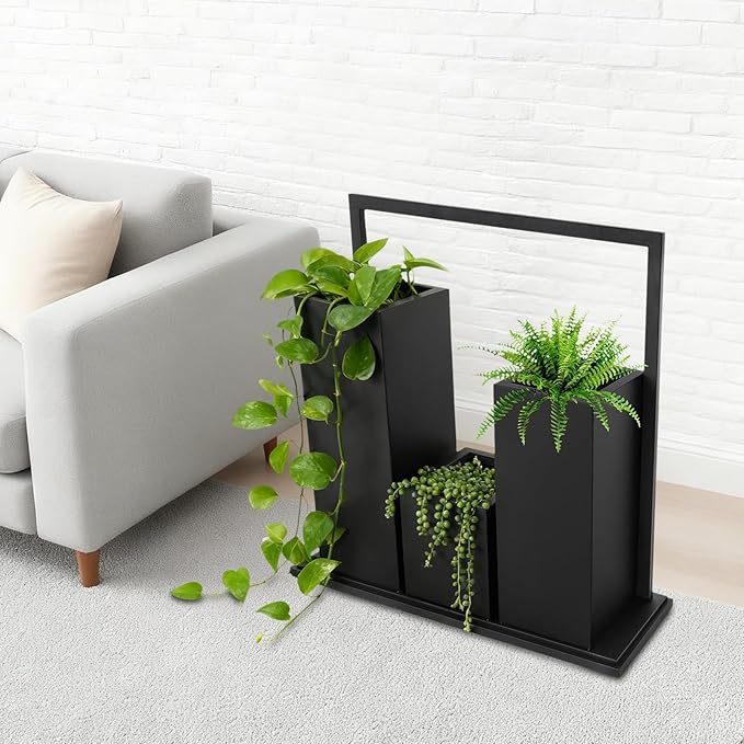 Modern Geometric Metal Planter Box for Indoor Outdoor, 31.5x11.8x31.5 Inches Black Steel Garden Raised Bed with Drainage & Stable Base,Heavy Duty Plant Pot for Patio, Lawn, Yard