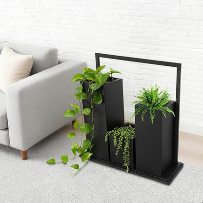 Modern Geometric Metal Planter Box for Indoor Outdoor, 31.5x11.8x31.5 Inches Black Steel Garden Raised Bed with Drainage & Stable Base,Heavy Duty Plant Pot for Patio, Lawn, Yard