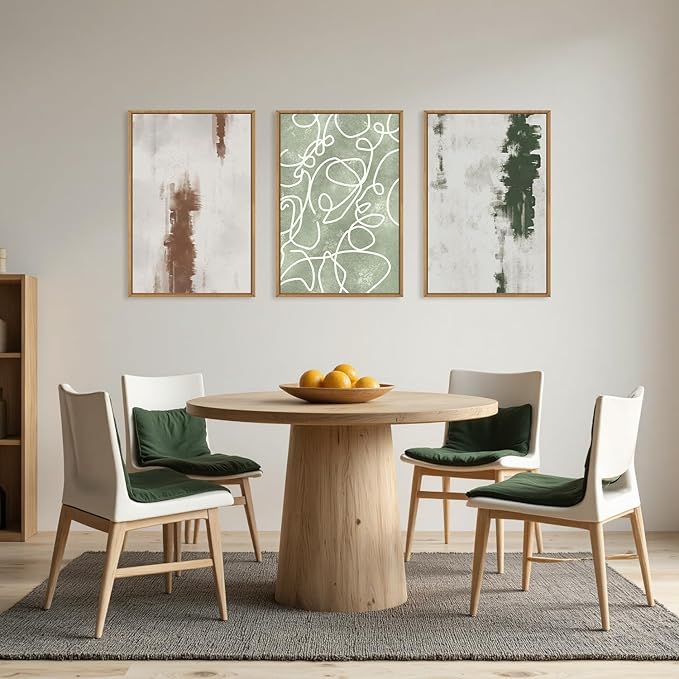 Aryroi Large Abstract Green Brown Geometric Framed Canvas Wall Art Set,Minimalist Neutral Brush Stroke Wall Decor,Modern Watercolor White Curved Lines Artwork For Living Room,Bedroom,Office-24 x36 x3