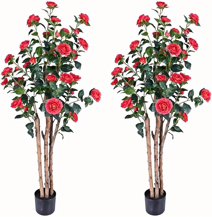 2pc 5ft Decorative Artificial Camellia Tree with Red Flowers, Potted Faux Floral Plant, Realistic Blooming Fake Plants for Indoor Outdoor Home Front Door Planter Decor