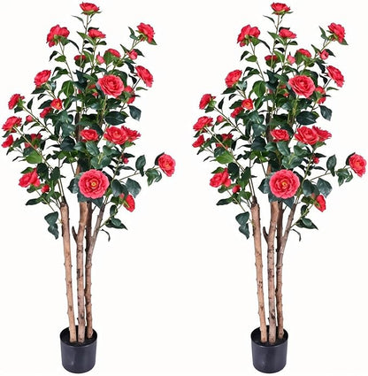 2pc 5ft Decorative Artificial Camellia Tree with Red Flowers, Potted Faux Floral Plant, Realistic Blooming Fake Plants for Indoor Outdoor Home Front Door Planter Decor