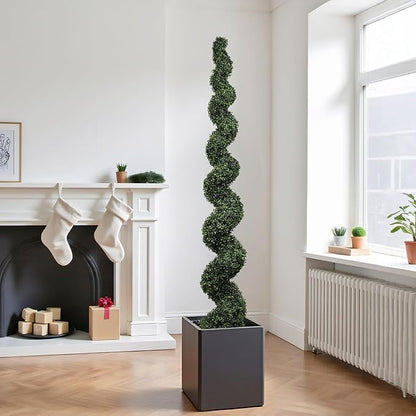 7ft Tall Artificial Spiral Topiary Trees Outdoor Set of 2, Faux Boxwood Plants for Front Porch & Indoor Home Decor, UV-Resistant 7 Foot Large Fake Plants for Patio, Garden, Entryway Decor