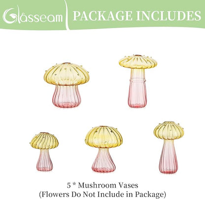 Glasseam Mushroom Plant Propagation Stations: Colored Glass Terrarium Jar Set of 5 Cute Planters for Indoor Plants Mini Propagate Station Unique Christmas Birthday Gifts for Women Home Office Decor