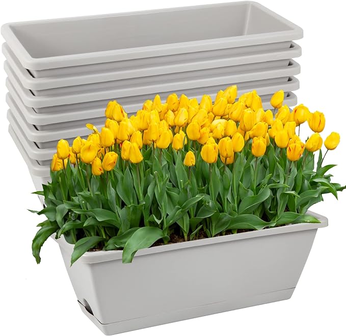 8pcs Window Box Planter, 17 Inches Flower Window Boxes, Rectangle Planters Box with Drainage Holes and Trays, Plastic Vegetable Planters for Windowsill Patio Garden Home Decor Porch Yard (Grey)