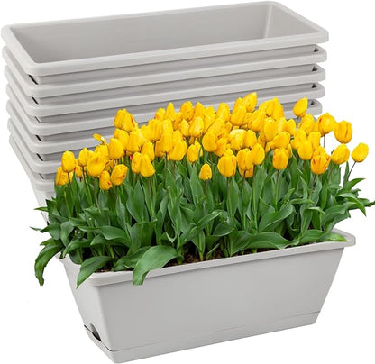 8pcs Window Box Planter, 17 Inches Flower Window Boxes, Rectangle Planters Box with Drainage Holes and Trays, Plastic Vegetable Planters for Windowsill Patio Garden Home Decor Porch Yard (Grey)