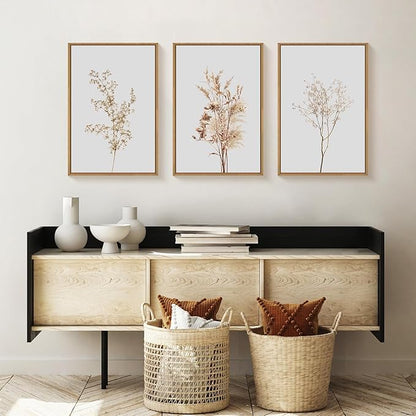 Ausril Wildflower Floral Framed Canvas Wall Art Set, Beige Botanical Wall Decor, Minimalist Nature Flower Wall Painting, Modern Boho Farmhouse Art Print for Living Room, Bedroom, Office- 16"x24"x3