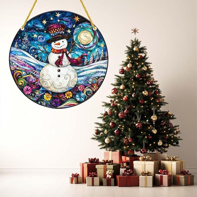 Acrylic Window Hanging Christmas Snowman Stained Panel Window Decoration for Outdoor Indoor Garden Yard Home Winter Decor 12 Inch
