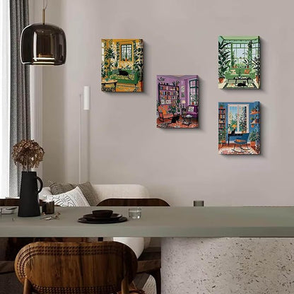Framed Botanical Garden Living Room Wall Art, Black Cat and Plants Reading Room Home Decor, 4 Piece Canvas Prints 8 x 10 Inch