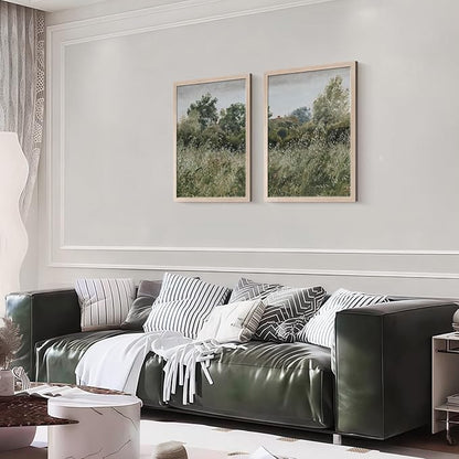Framed Vintage Canvas Wall Art Nature Scenery Tranquil Outdoor Greenery Poster Picture Countryside Painting Natural Landscape Modern Home Print Living Room Gallery Ready to Hang 12x16 inches x2