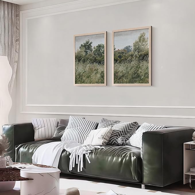 Framed Vintage Canvas Wall Art Nature Scenery Tranquil Outdoor Greenery Poster Picture Countryside Painting Natural Landscape Modern Home Print Living Room Gallery Ready to Hang 16x24 inches x2