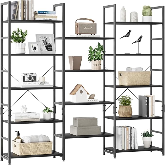 OTK Triple Wide 5 Tier Bookshelf, Rustic Industrial Style Bookcases with 14 Open Display Shelves, Wide Bookshelves for Bedroom, Living Room and Home Office, Black